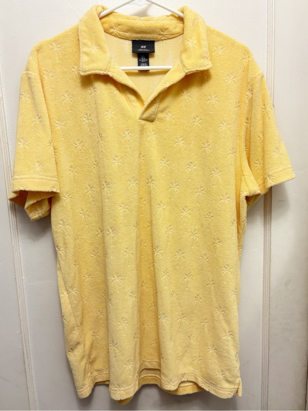 H&M Men’s Terry Towelling Palm Tree Polo Shirt Yellow Size Large Regular Fit